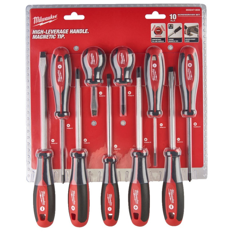 Набір викруток магнітних з тригранною рукояткою MILWAUKEE, (PZ1/PZ2/PH1/ PH2/ SL3/SL5,5/ SL6,5/ SL6,5/SL8) (10шт)