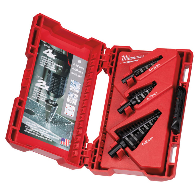 Набір свердел ступінчастих Step Drill MILWAUKEE, (діаметр 4-12мм, 4-20мм, 6-35 мм) (3шт), пластикова коробка