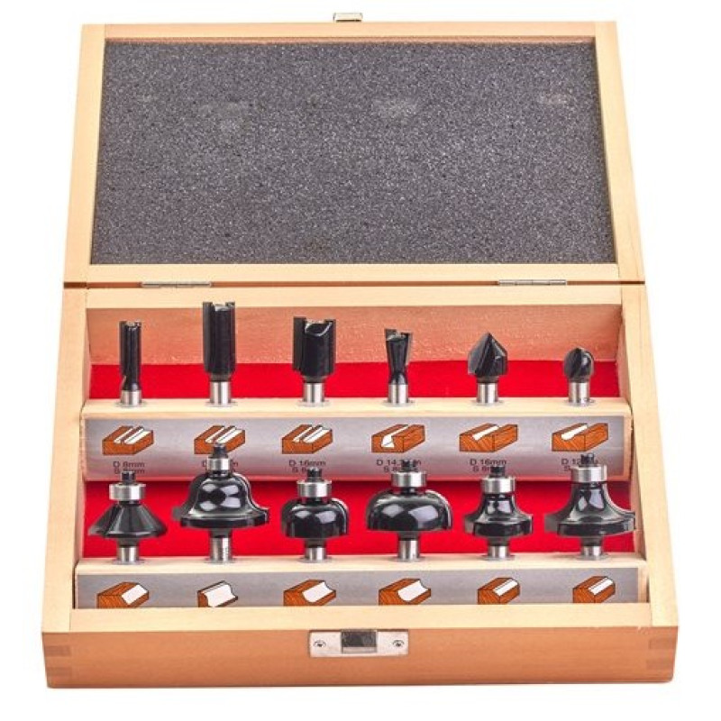 Набір фрез по дереву MILWAUKEE, хвостовик 8мм, (12шт), дерев'яний пенал