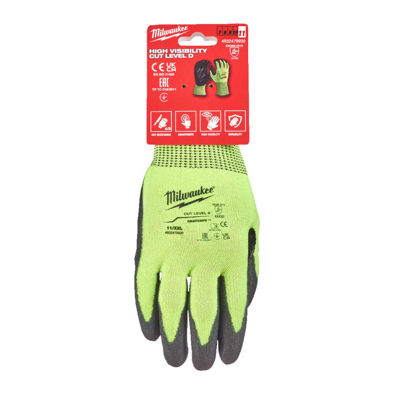 Рукавиці робочі сигнальні Hi-Vis MILWAUKEE, з опором порізам 4/D рівня, розмір 11/XXL