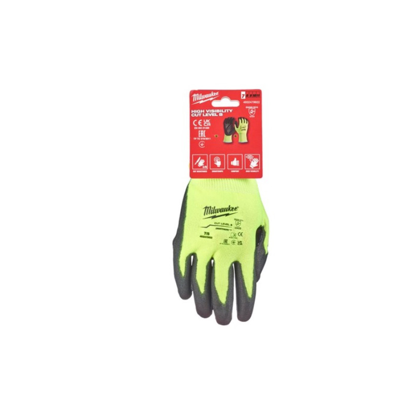 Рукавиці робочі сигнальні Hi-Vis MILWAUKEE, з опором порізам 5/E рівня, розмір 7/S