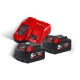 Енергокомплект MILWAUKEE M18 NRG-502 (зарядний пристрій M12-18C, 2 акумулятори М18 В5 5Аг, картонне пакування)