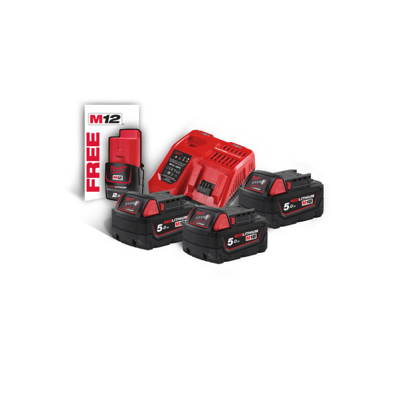 Енергокомплект Li-Ion MILWAUKEE, M18 NRG-503 (зарядний пристрій M12-18FC, 3 акумулятори M18 В5 5Аг) + подарунок акумулятор M12 B