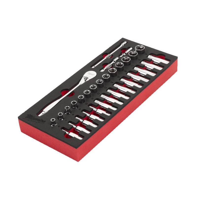 Ложемент с головками хромованими та тріскачкой 3/8'' MILWAUKEE. (28шт) (45х178,5х417мм) для візків