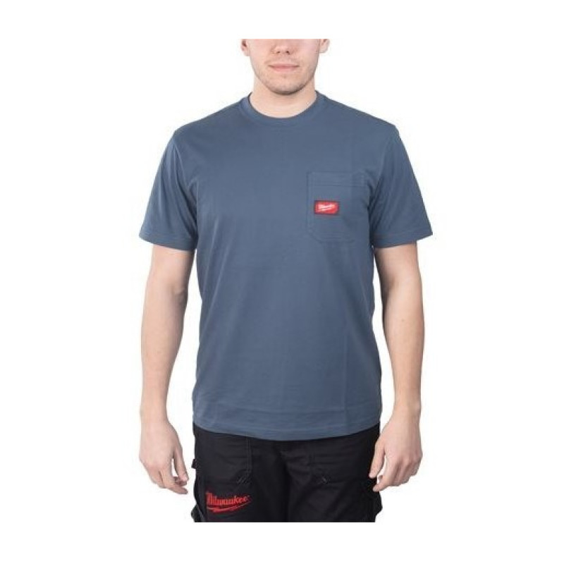Футболка MILWAUKEE WTSSBLU-L, з карманом та коротким рукавом, синя, (розмір L)