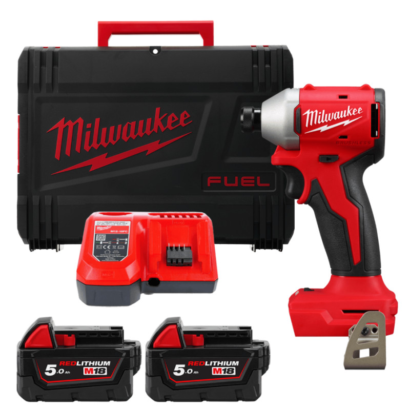 Шуруповерт ударний акумуляторний безщітковий 1/4" HEX MILWAUKEE, M18 BLIDR-502X, 190Нм (зарядний пристрій M12-18 FC, 2 акумулято