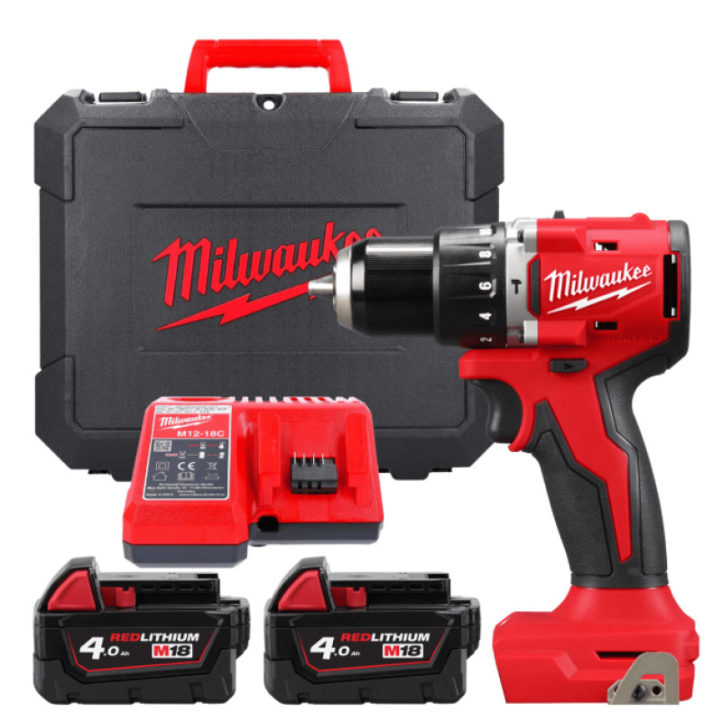 Дриль-шуруповерт з ударом акумуляторний безщітковий MILWAUKEE, М18 BLPDRC-402С, 60,5Нм (зарядний пристрій М12-18 С, 2 акумулятор