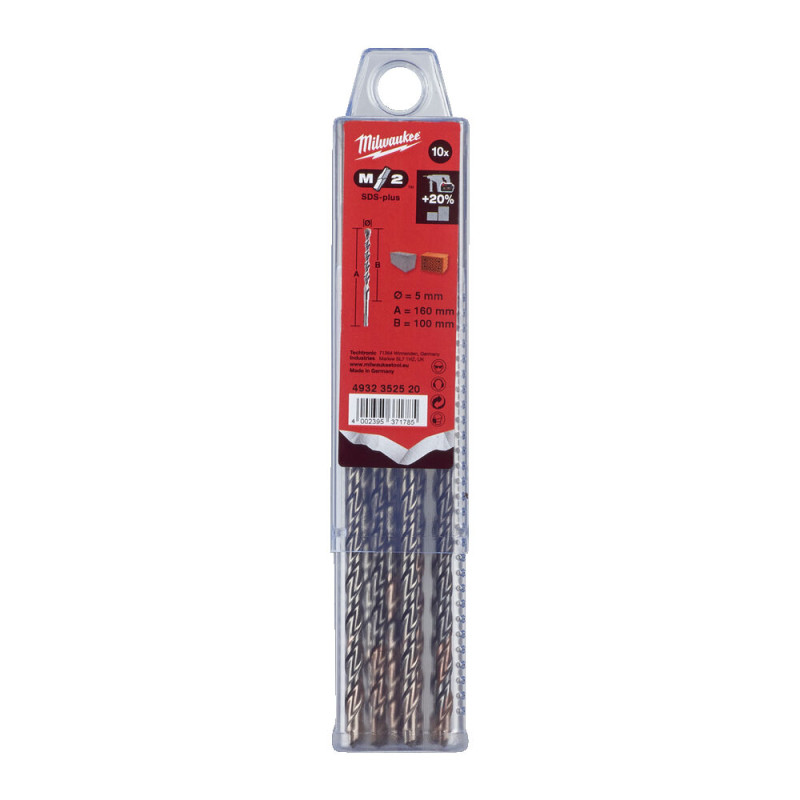Бур SDS-PLUS M2 MILWAUKEE, діаметр 5,0х160х100мм, (10шт), пластикова коробка