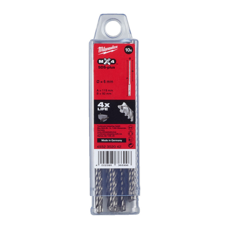 Бур SDS-PLUS MX4 MILWAUKEE, діаметр 6,0х115х50мм, (10шт), пластикова коробка
