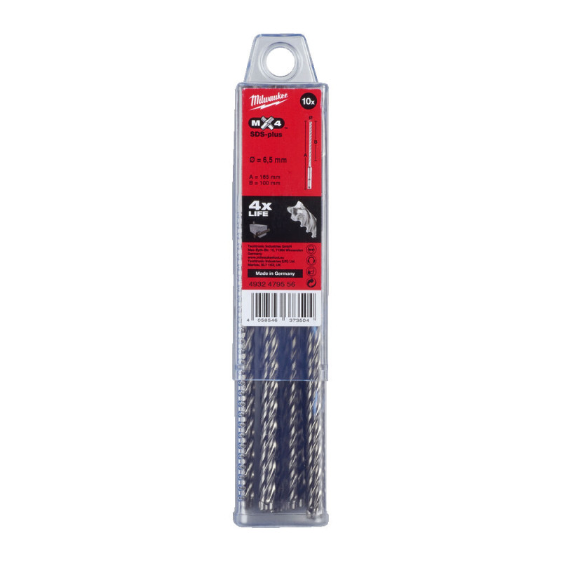 Бур SDS-PLUS MX4 MILWAUKEE,діаметр 6,5х165х100мм, (10шт), пластикова коробка