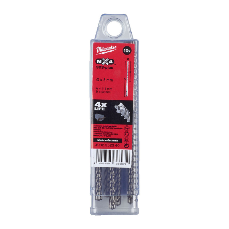 Бур SDS-PLUS MX4 MILWAUKEE, діаметр 5,0х115х50мм, (10шт), пластикова коробка