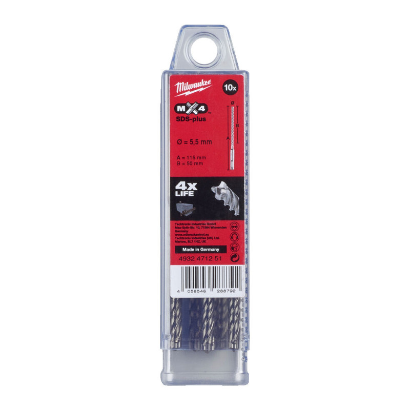 Бур SDS-PLUS MX4 MILWAUKEE, діаметр 5,5х115х50мм, (10шт), пластикова коробка