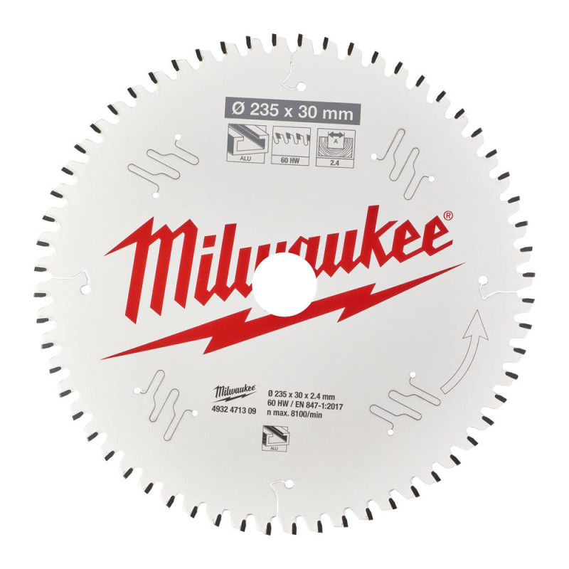 Диск пиляльний по алюмінію Alu PFTE MILWAUKEE, діаметр 235х30х2,4мм, 60 зуб.