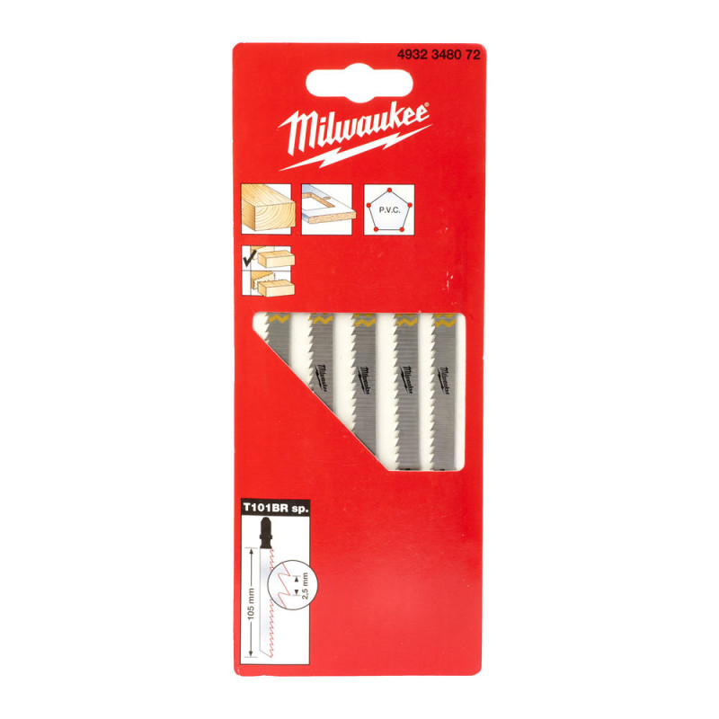 Полотна для лобзиків T101BR MILWAUKEE, 105х2,5мм, (5шт), (зворотній різ)