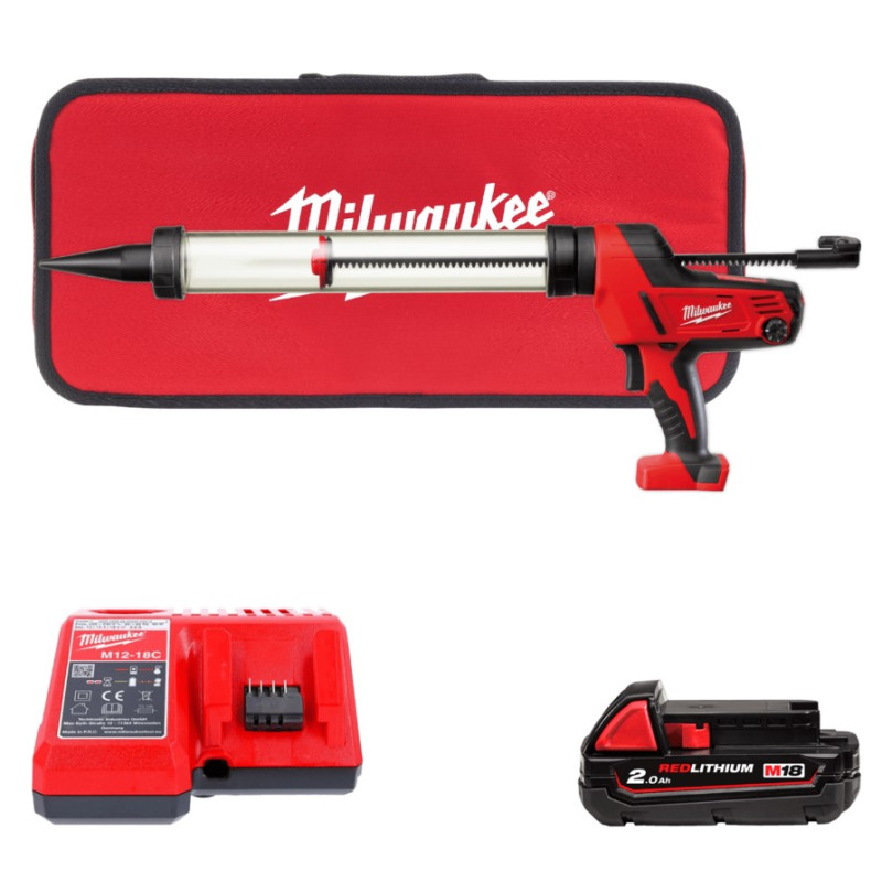 Пістолет для герметиків акумуляторний MILWAUKEE, C18 PCG/600T-201B, 600мл (зарядний пристрій М12-18 С, 1 акумулятор М18 В 2Аг, п