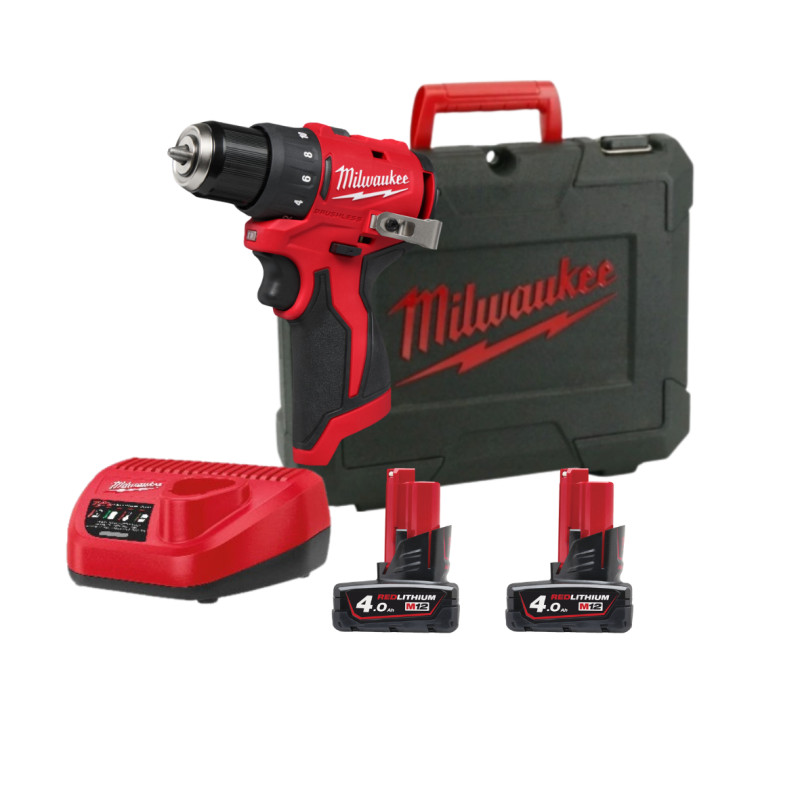Дриль-шуруповерт акумуляторний MILWAUKEE M12 BLDDRC-402C, 40Нм (зарядний пристрій С12, 2 акумулятори М12 В4 4Аг, кліпса для реме