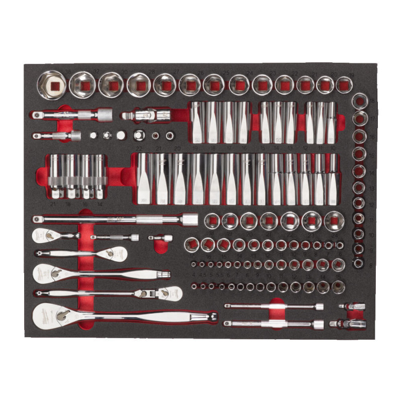 Ложемент з головками хромованими 1/4", 3/8", 1/2" MILWAUKEE, (193шт) (45х536х417мм) для шаф металевих MILWAUKEE