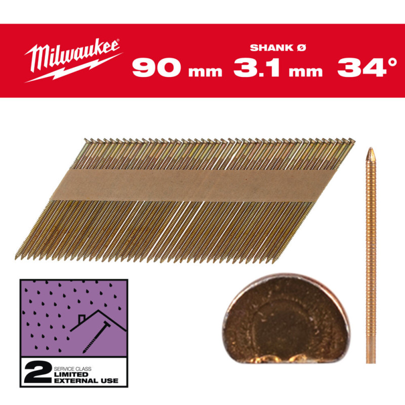 Цвяхи оцинковані з кільцевою накаткою та D-образною головкою MILWAUKEE, 3,1/34 градуси/90мм (2200шт)